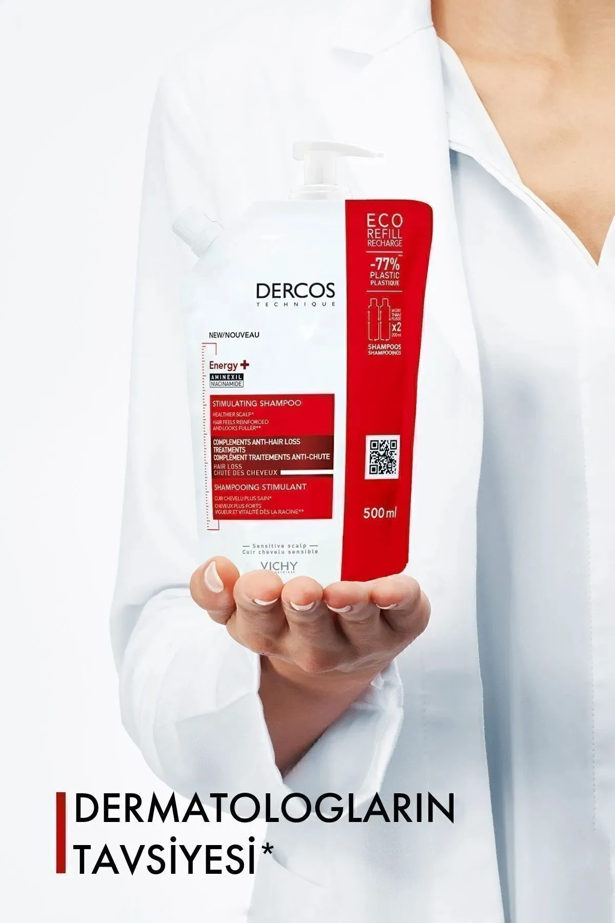 شامپو ضد ریزش مو درکوس انرژی‌بخش ۵۰۰ میل تزریق مجدد ویشی